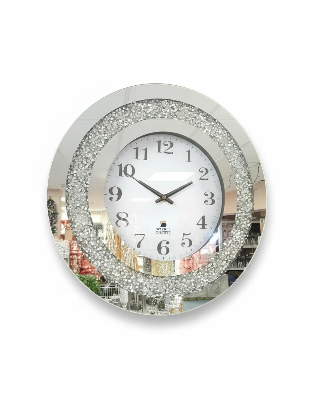 Mirrored Diamante Round Wall Clock 40cm – Luxury Silver Crystal Accent | Sparkle Decors UK